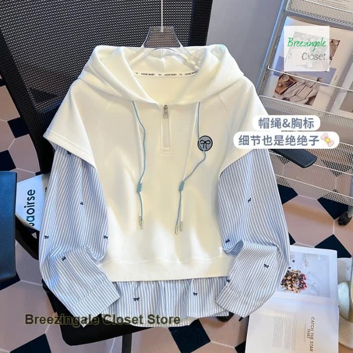 Korean chic minority stripe stitching and overlapping fake two-piece college loose hooded semi-zipper long-sleeved sweater top