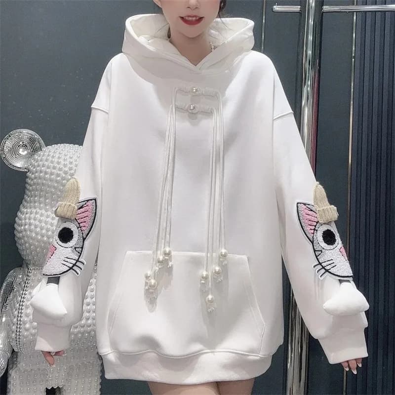 2025 Winter Outside Wear Plus Velvet Thickened Long-Sleeved Hoodie Women's Fashion Age-reducing Mid-length Loose and Thin Top X4