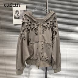 KUCLUT 2026 Early Autumn New Collection Distressed Zipper Hoodie Jacket For Women Loose Casual Hollow Out Sweatshirt 1A4188