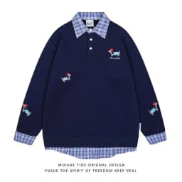 American Vintage Dog Embroidery Plaid Splicing Fake Two Piece Hoodie Men Women Loose Casual Couple Korean Streetwear Pullovers
