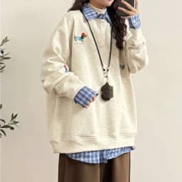 American Vintage Dog Embroidery Plaid Splicing Fake Two Piece Hoodie Men Women Loose Casual Couple Korean Streetwear Pullovers