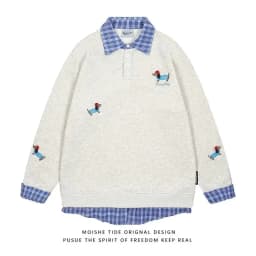 American Vintage Dog Embroidery Plaid Splicing Fake Two Piece Hoodie Men Women Loose Casual Couple Korean Streetwear Pullovers