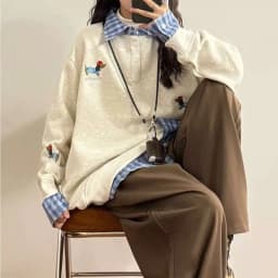 American Vintage Dog Embroidery Plaid Splicing Fake Two Piece Hoodie Men Women Loose Casual Couple Korean Streetwear Pullovers