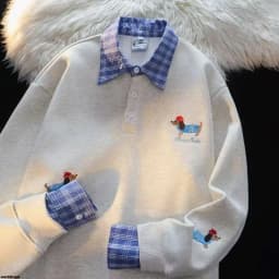 American Vintage Dog Embroidery Plaid Splicing Fake Two Piece Hoodie Men Women Loose Casual Couple Korean Streetwear Pullovers