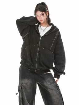 Gothic Women Coats with Hoodies American Y2K Retro Harajuku Washed Rivet Zipper Jacket New Autumn Men Hip-hop Hooded Sweatshirt