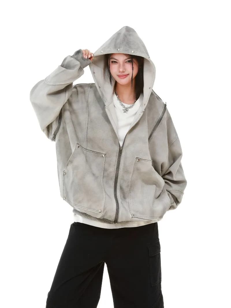 Gothic Women Coats with Hoodies American Y2K Retro Harajuku Washed Rivet Zipper Jacket New Autumn Men Hip-hop Hooded Sweatshirt