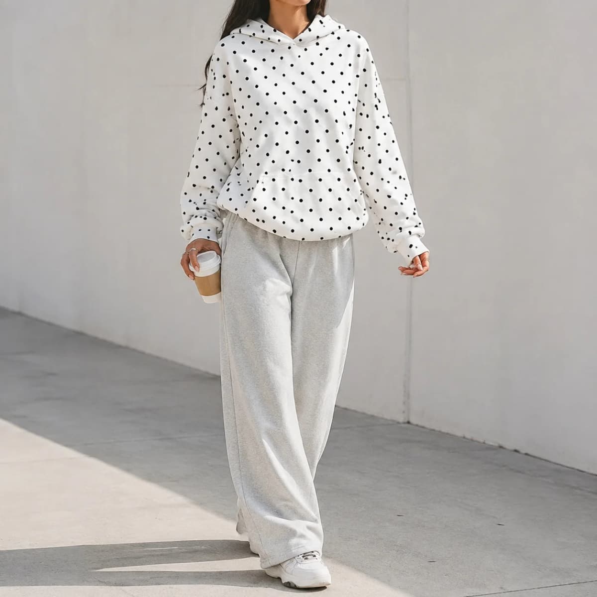 Hooded Printed Hoodie Loose Fit Streetwear with Regular Length Polka Dot Digital Print Hooded Neckline Casual Thick Women Hoodie