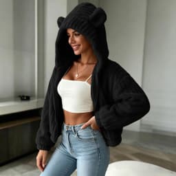 Fuzzy Fleece Zip Up Hoodies Women Cute Bear Oversized Hooded Sweatshirts Winter Plush Jackets Cute Funny Casual Hoodies Outwear