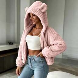 Fuzzy Fleece Zip Up Hoodies Women Cute Bear Oversized Hooded Sweatshirts Winter Plush Jackets Cute Funny Casual Hoodies Outwear