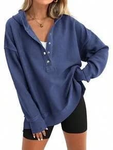 Women's Winter Clothing Loose Fit Drop Shoulder V Neck Long Sleeve Solid Macaron Color Casual Hoodie for Women and Girls
