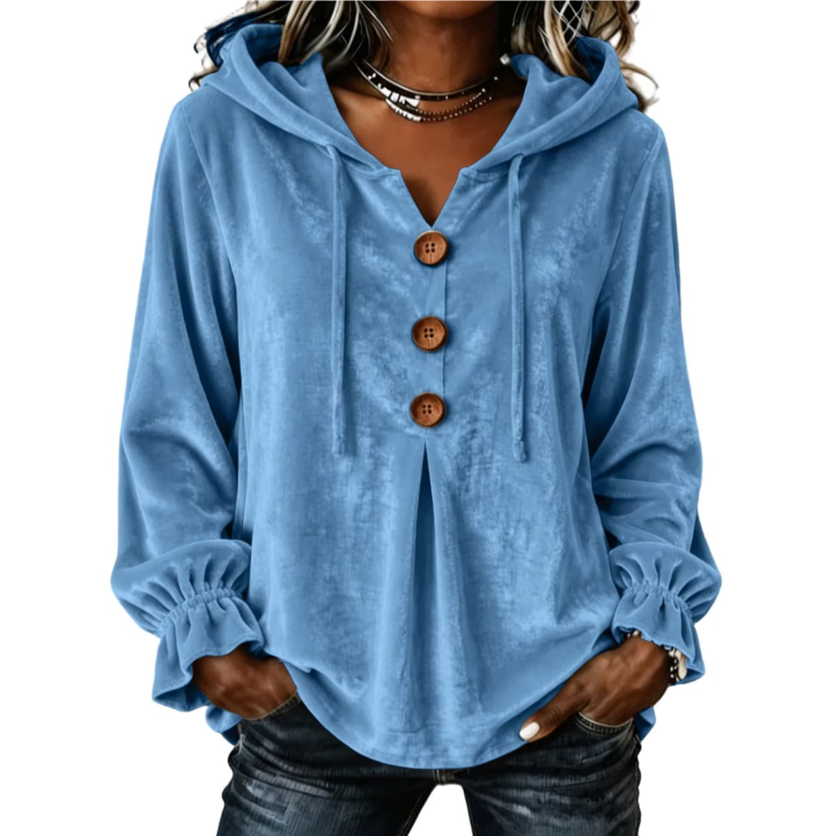 Women Hooded Sweatshirt V Neck Buttons Drawstring Long Sleeve With Pockets Hoodies Loose Pleated Curved Hem Autumn Sweatshirts