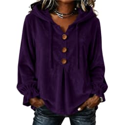 Women Hooded Sweatshirt V Neck Buttons Drawstring Long Sleeve With Pockets Hoodies Loose Pleated Curved Hem Autumn Sweatshirts
