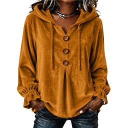 Women Hooded Sweatshirt V Neck Buttons Drawstring Long Sleeve With Pockets Hoodies Loose Pleated Curved Hem Autumn Sweatshirts