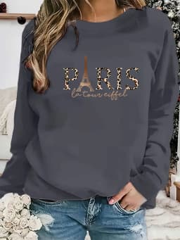 Paris Women's Autumn Winter Fashion Casual Sports Loose Los Angeles Print Fleece Warm Long Sleeved Pocket Hooded Sweatshirt
