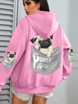 Pocket Pug Hoodies Women Cartoons dog Prints Hooded Loose Pockets Sweatshirts Winter Fleece Warm Tops Street Black Woman Clothes