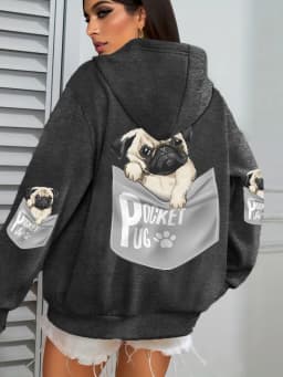 Pocket Pug Hoodies Women Cartoons dog Prints Hooded Loose Pockets Sweatshirts Winter Fleece Warm Tops Street Black Woman Clothes