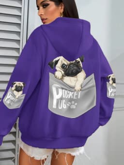 Pocket Pug Hoodies Women Cartoons dog Prints Hooded Loose Pockets Sweatshirts Winter Fleece Warm Tops Street Black Woman Clothes