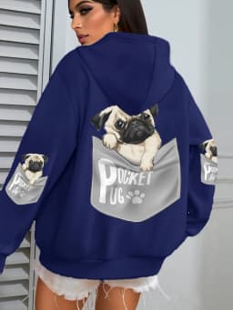 Pocket Pug Hoodies Women Cartoons dog Prints Hooded Loose Pockets Sweatshirts Winter Fleece Warm Tops Street Black Woman Clothes