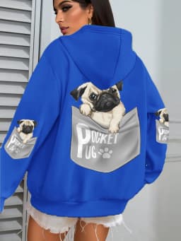Pocket Pug Hoodies Women Cartoons dog Prints Hooded Loose Pockets Sweatshirts Winter Fleece Warm Tops Street Black Woman Clothes