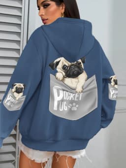 Pocket Pug Hoodies Women Cartoons dog Prints Hooded Loose Pockets Sweatshirts Winter Fleece Warm Tops Street Black Woman Clothes