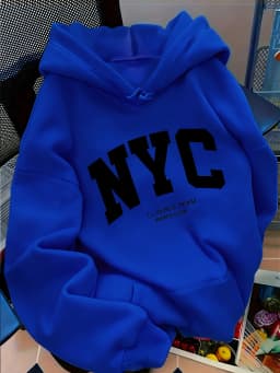 Women's autumn and winter warm and loose casual New York USA letter printed suede long sleeved hooded sweatshirt