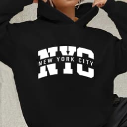 Women's autumn and winter warm and loose casual New York USA letter printed suede long sleeved hooded sweatshirt