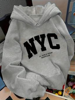 Women's autumn and winter warm and loose casual New York USA letter printed suede long sleeved hooded sweatshirt