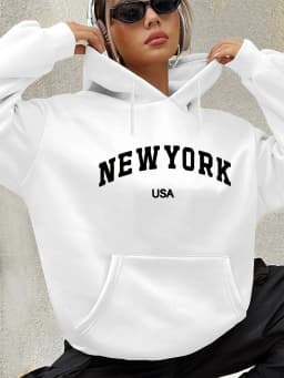 Women's autumn and winter warm and loose casual New York USA letter printed suede long sleeved hooded sweatshirt