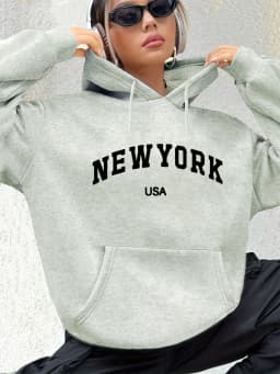 Women's autumn and winter warm and loose casual New York USA letter printed suede long sleeved hooded sweatshirt