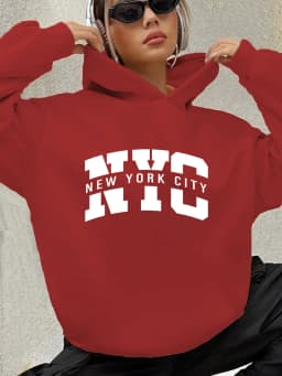 Women's autumn and winter warm and loose casual New York USA letter printed suede long sleeved hooded sweatshirt