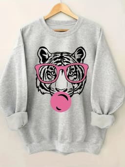 Women's Autumn and Winter Loose Casual Comfortable Cartoon Tiger Print Plus Velvet Long-Sleeved Round Neck Hoodie Pullover