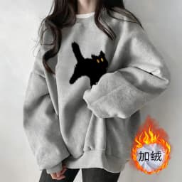 Grey Fleece Lined Thickened Ladies Sweatshirt Early Autumn New Style Small Size Winter Warm Long Sleeve round Neck Print Top