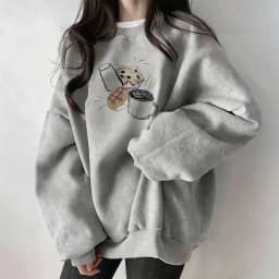 Grey Fleece Lined Thickened Ladies Sweatshirt Early Autumn New Style Small Size Winter Warm Long Sleeve round Neck Print Top