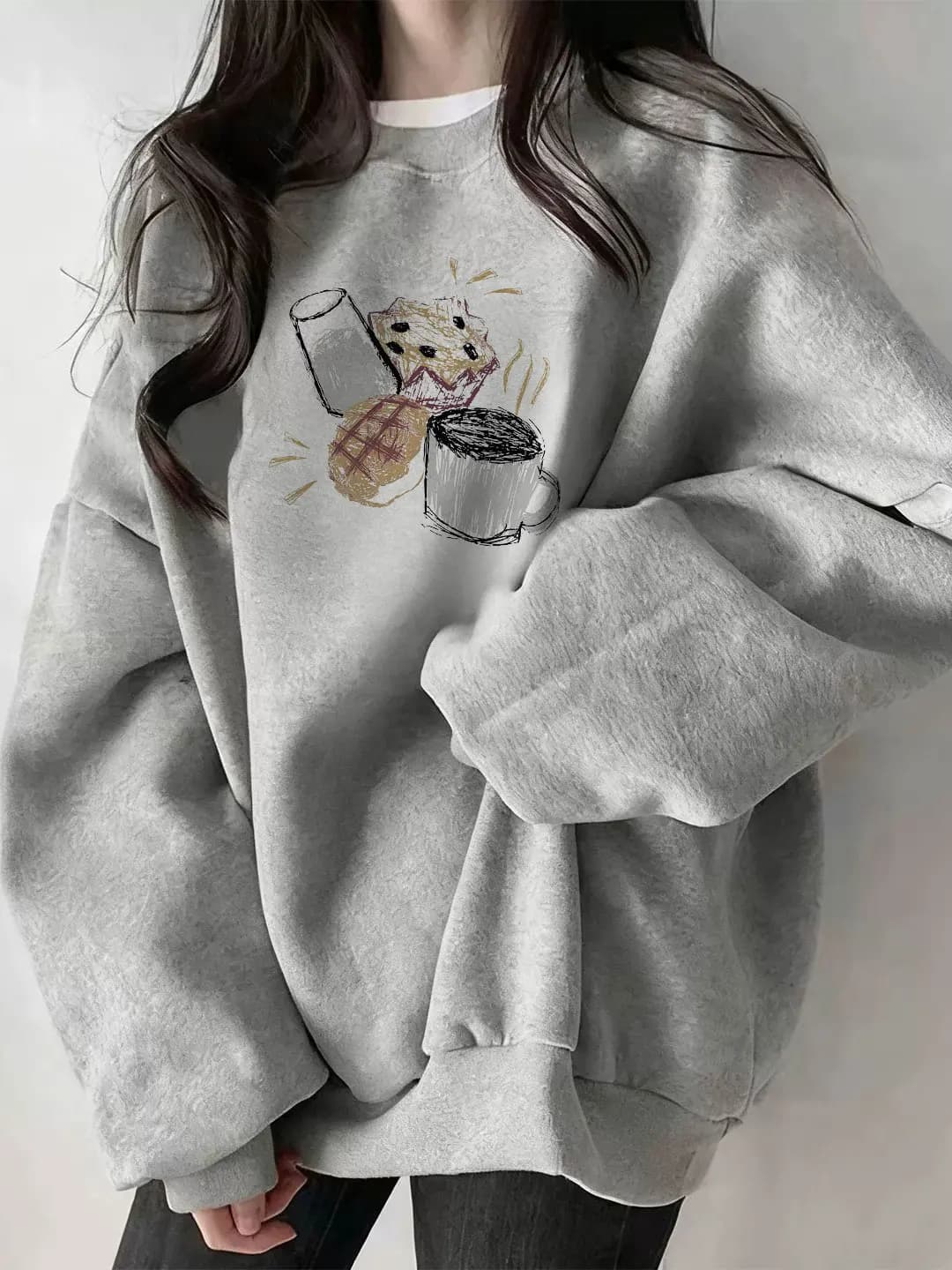 Grey Fleece Lined Thickened Ladies Sweatshirt Early Autumn New Style Small Size Winter Warm Long Sleeve round Neck Print Top