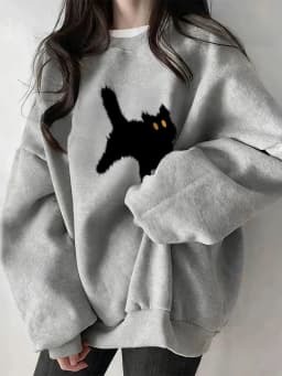 Grey Fleece Lined Thickened Ladies Sweatshirt Early Autumn New Style Small Size Winter Warm Long Sleeve round Neck Print Top