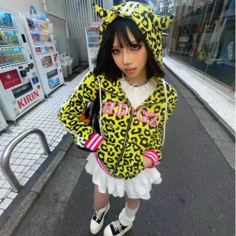 Yellow Leopard Print Devil Horn Hoodie Zipper Jacket Men Women Casual Comfortable Long Sleeve Sweatshirt European Style