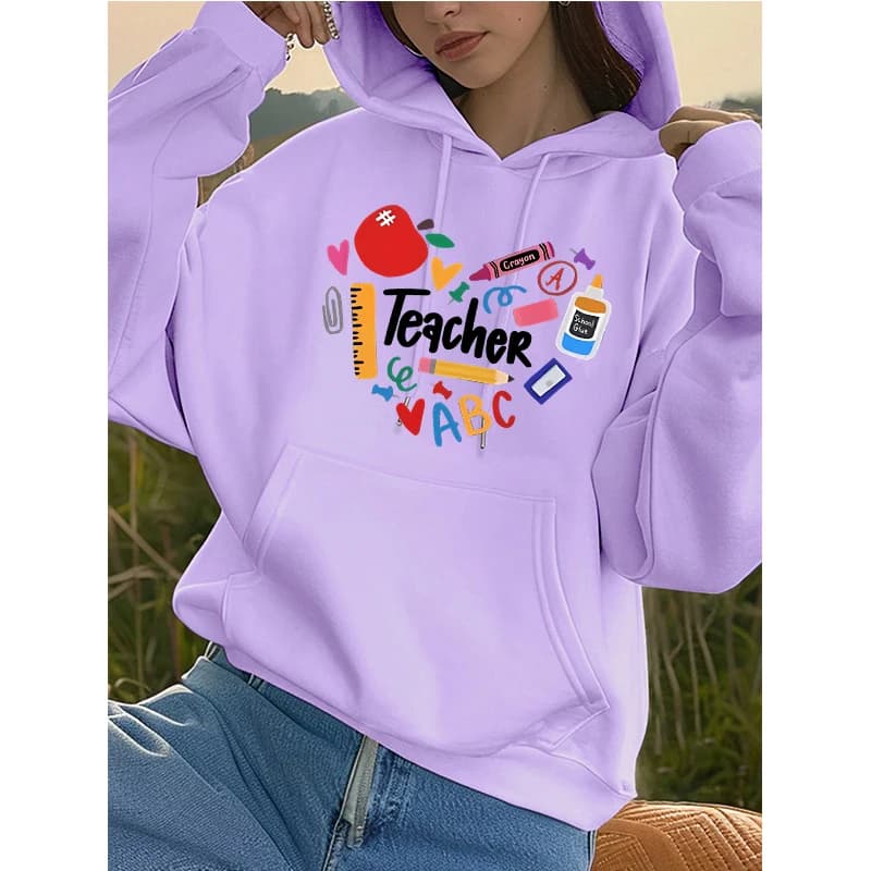 Teacher Print Long Sleeve Hoodies Woman Casual Autunm Winter Hooded Women's Y2k Sweatshirt Clothing for School 90s Female