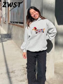Casual Dog Print Hooded Women Loose Full Sleeve O-neck Solid Pockets Sweatshirt Female 2026 Fashion Spring Summer Outwear