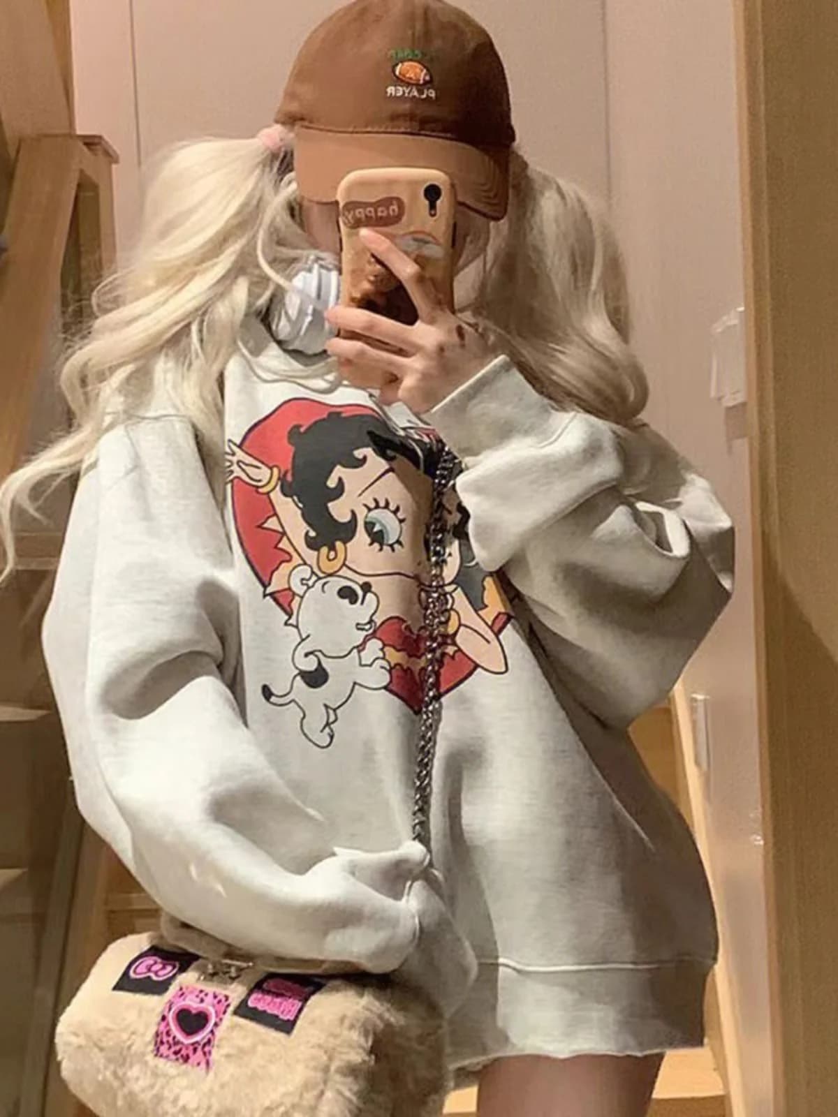 Retro American White Grey round Neck Sweatshirt Women Loose Spring Autumn Lazy Style Top Trendy Outerwear Comfortable Fit