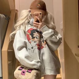 Retro American White Grey round Neck Sweatshirt Women Loose Spring Autumn Lazy Style Top Trendy Outerwear Comfortable Fit