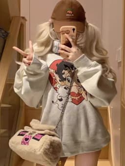 Retro American White Grey round Neck Sweatshirt Women Loose Spring Autumn Lazy Style Top Trendy Outerwear Comfortable Fit