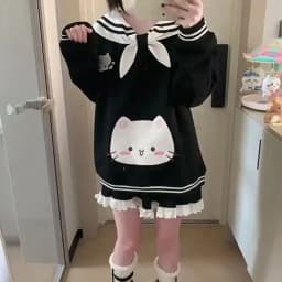 2025 Women's Clothing Japanese Sweatshirts Cute Cat Sailor Collar Loose Hoodies Cotton Thicked Fashion Casual Hoodie Ropa Mujer