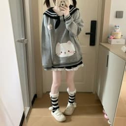 2025 Women's Clothing Japanese Sweatshirts Cute Cat Sailor Collar Loose Hoodies Cotton Thicked Fashion Casual Hoodie Ropa Mujer
