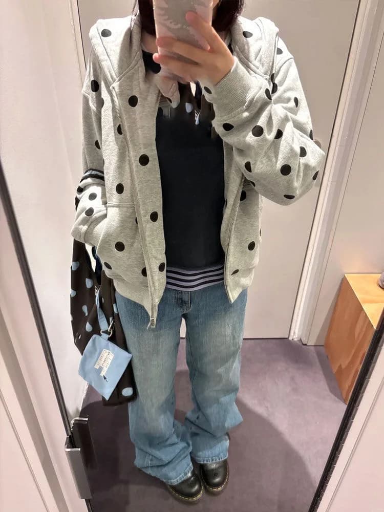 Casual Gray Polka Dot Hoodie Women American Retro Slim Zipper Short Cardigan Spring Simple Lazy Y2k Sweatshirts