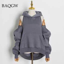 Autum Casual Solid Sweatshirt for Women Hooded Collar Long Sleeve Zipper Design Hollow Out Sweatshirts Female Fashion Outerwear