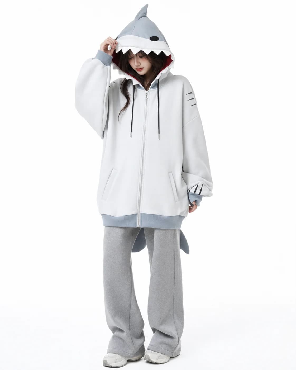 Womens Grey Shark Hood Zip Up Hoodie Oversized Heavy Detail Streetwear Casual Fashion Sweatshirt Top Loose Fit Soft Cotton Y2K