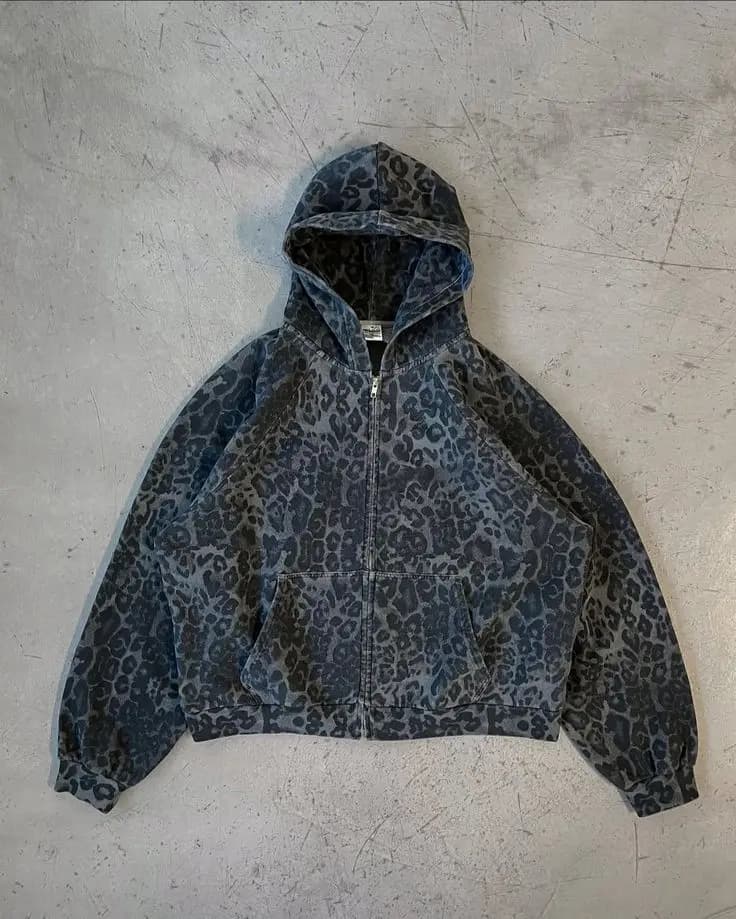 American Retro Leopard Print Zipper Hoodie Y2K Clothes Fashion Casual Hoodie Sweatshirt Mens Womens Fashion Jacket