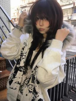 Women's Thickened Fleece Hooded Jacket Y2K Cartoon High Street Loose Fit Short Coat with Fur Collar Dark Style Autumn Winter
