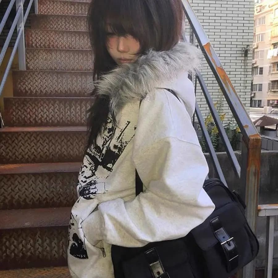 Women's Thickened Fleece Hooded Jacket Y2K Cartoon High Street Loose Fit Short Coat with Fur Collar Dark Style Autumn Winter