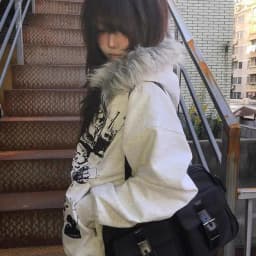 Women's Thickened Fleece Hooded Jacket Y2K Cartoon High Street Loose Fit Short Coat with Fur Collar Dark Style Autumn Winter